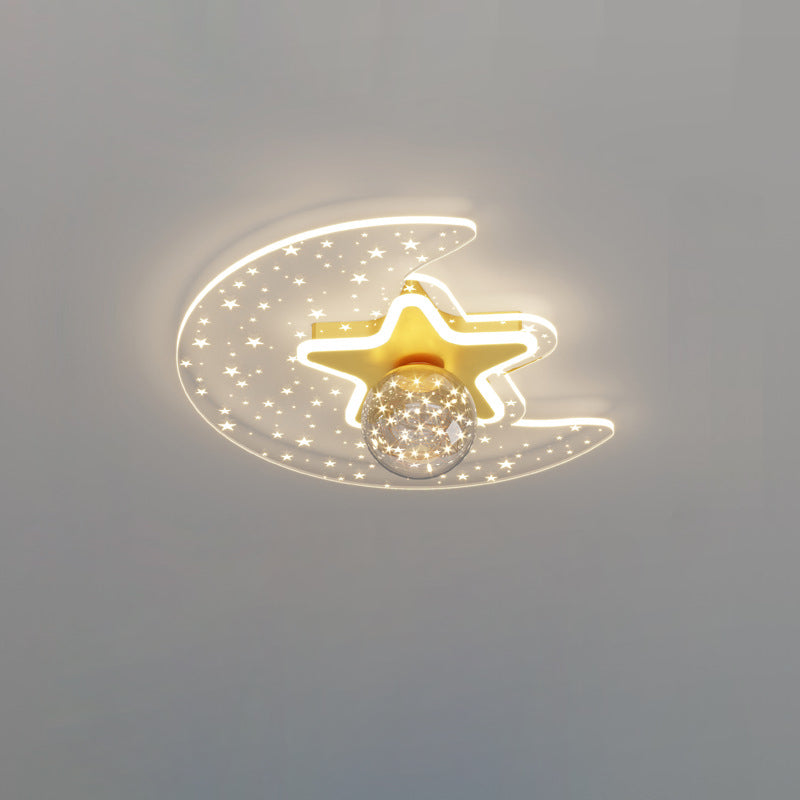 Contemporary Scandinavian Crescent Star Oval Orb Glass Aluminum Iron LED Flush Mount Ceiling Light For Bedroom