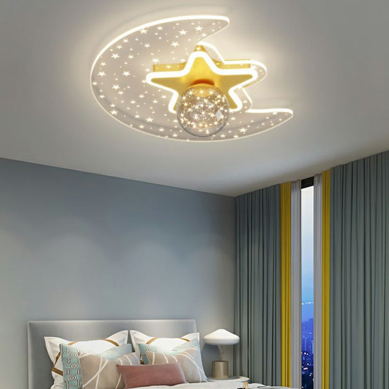 Contemporary Scandinavian Crescent Star Oval Orb Glass Aluminum Iron LED Flush Mount Ceiling Light For Bedroom