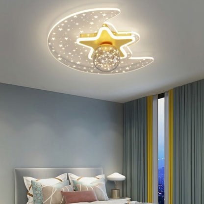 Contemporary Scandinavian Crescent Star Oval Orb Glass Aluminum Iron LED Flush Mount Ceiling Light For Bedroom