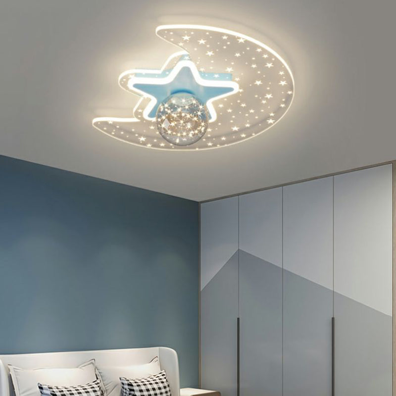 Contemporary Scandinavian Crescent Star Oval Orb Glass Aluminum Iron LED Flush Mount Ceiling Light For Bedroom