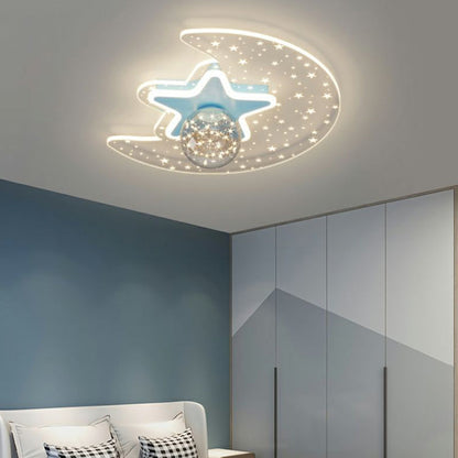 Contemporary Scandinavian Crescent Star Oval Orb Glass Aluminum Iron LED Flush Mount Ceiling Light For Bedroom