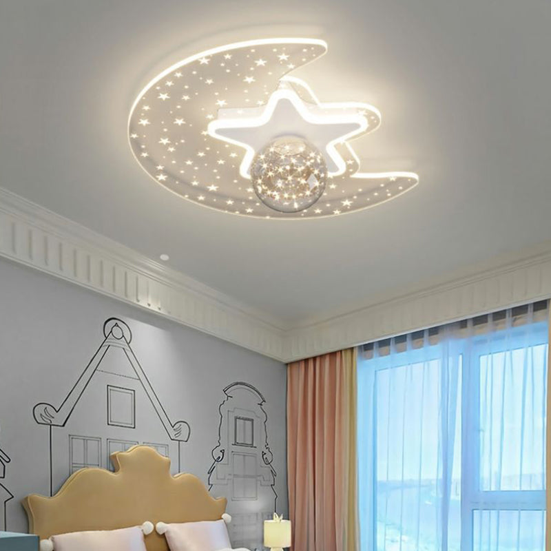 Contemporary Scandinavian Crescent Star Oval Orb Glass Aluminum Iron LED Flush Mount Ceiling Light For Bedroom