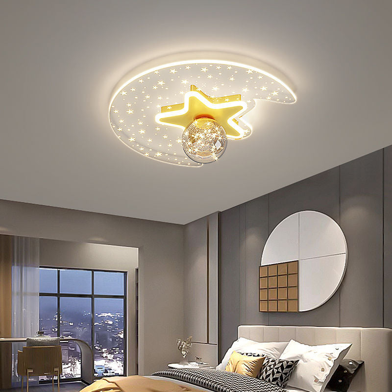 Contemporary Scandinavian Crescent Star Oval Orb Glass Aluminum Iron LED Flush Mount Ceiling Light For Bedroom