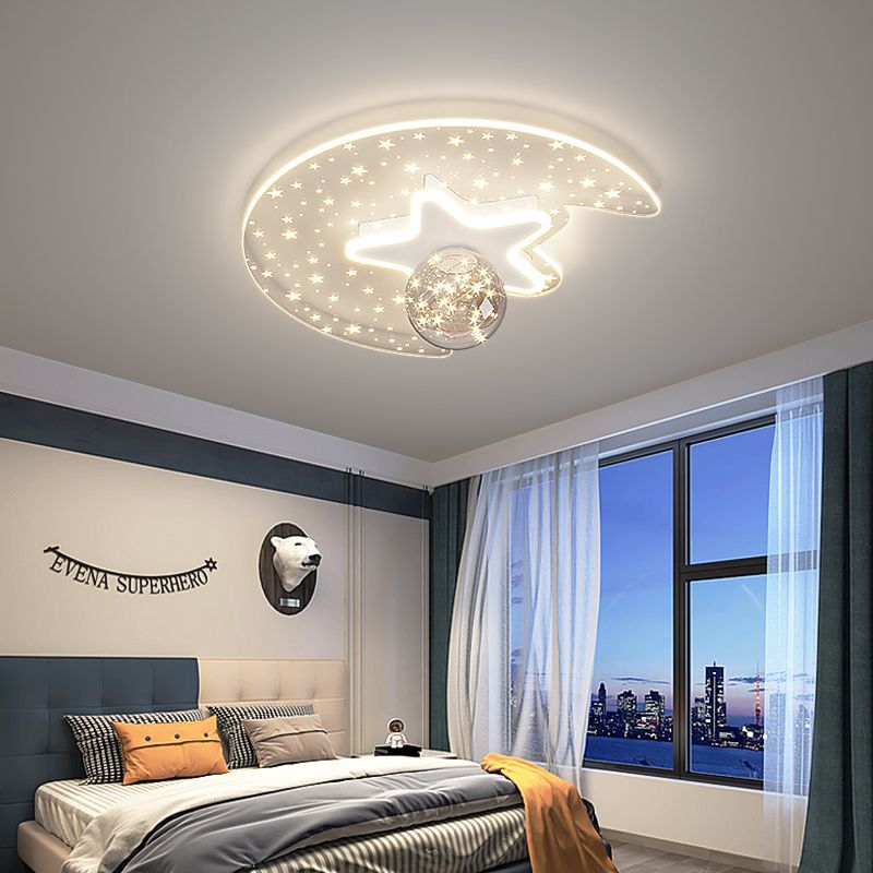 Contemporary Scandinavian Crescent Star Oval Orb Glass Aluminum Iron LED Flush Mount Ceiling Light For Bedroom
