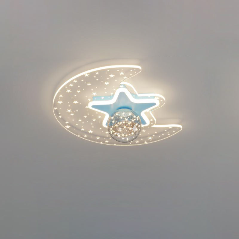 Contemporary Scandinavian Crescent Star Oval Orb Glass Aluminum Iron LED Flush Mount Ceiling Light For Bedroom