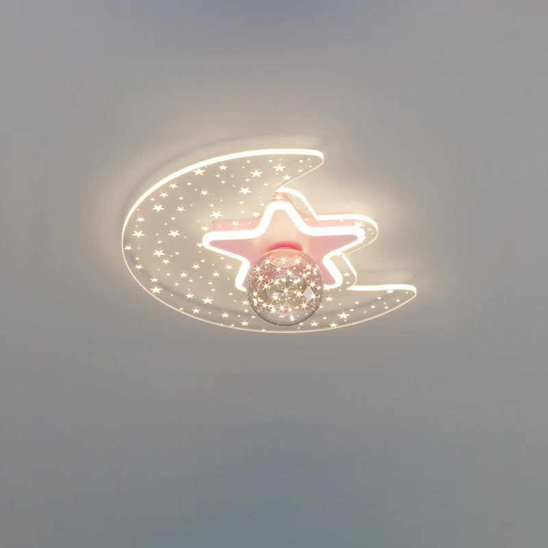 Contemporary Scandinavian Crescent Star Oval Orb Glass Aluminum Iron LED Flush Mount Ceiling Light For Bedroom