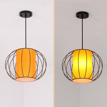 Traditional Chinese Lantern Round Cylinder Laminated Hardware 1-Light Pendant Light For Living Room