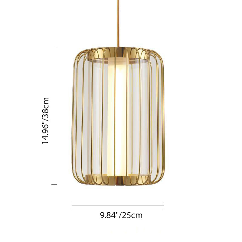Traditional Chinese Birdcage Round Column Glass Iron Brass 1-Light Pendant Light For Living Room