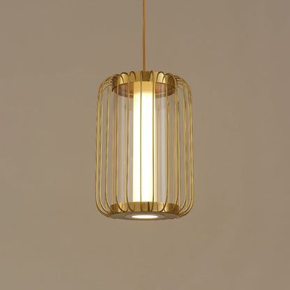 Traditional Chinese Birdcage Round Column Glass Iron Brass 1-Light Pendant Light For Living Room