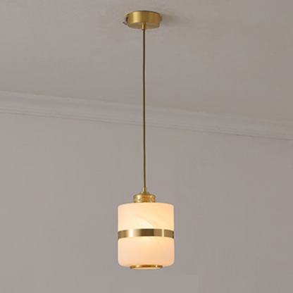 Traditional Chinese Round Column Glass Copper 1-Light Pendant Light For Living Room