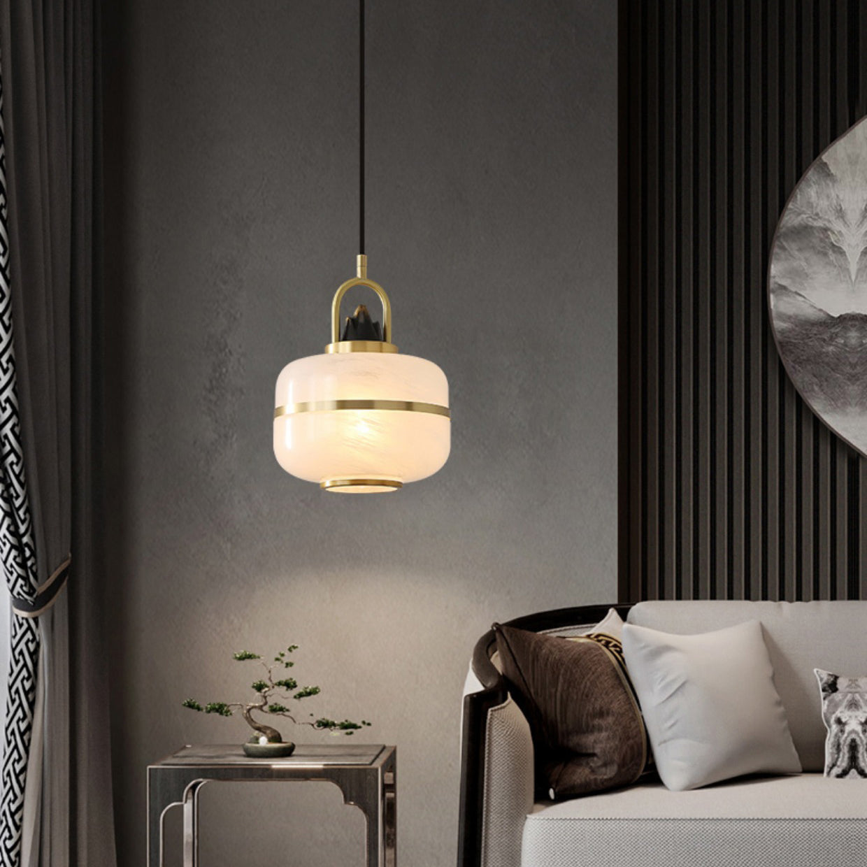 Traditional Chinese Cylinder Round Distressed Glass Brass 1-Light Pendant Light For Living Room