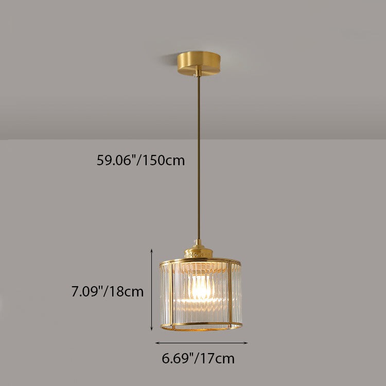 Traditional Chinese Cylinder Round Distressed Glass Brass 1-Light Pendant Light For Living Room