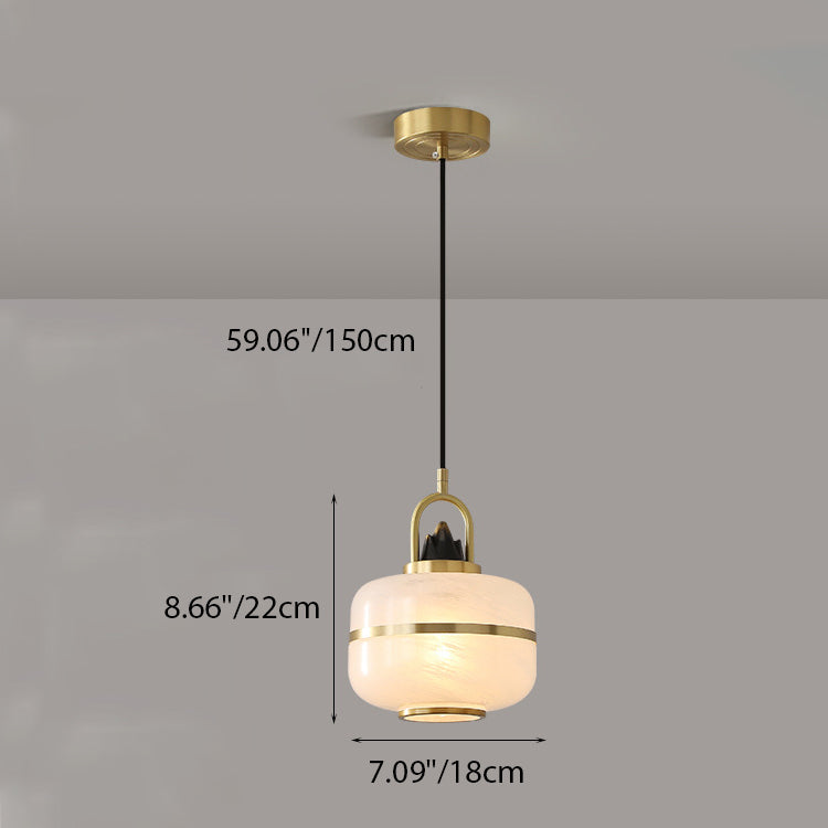 Traditional Chinese Cylinder Round Distressed Glass Brass 1-Light Pendant Light For Living Room