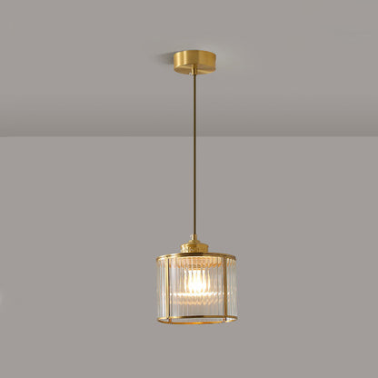 Traditional Chinese Cylinder Round Distressed Glass Brass 1-Light Pendant Light For Living Room