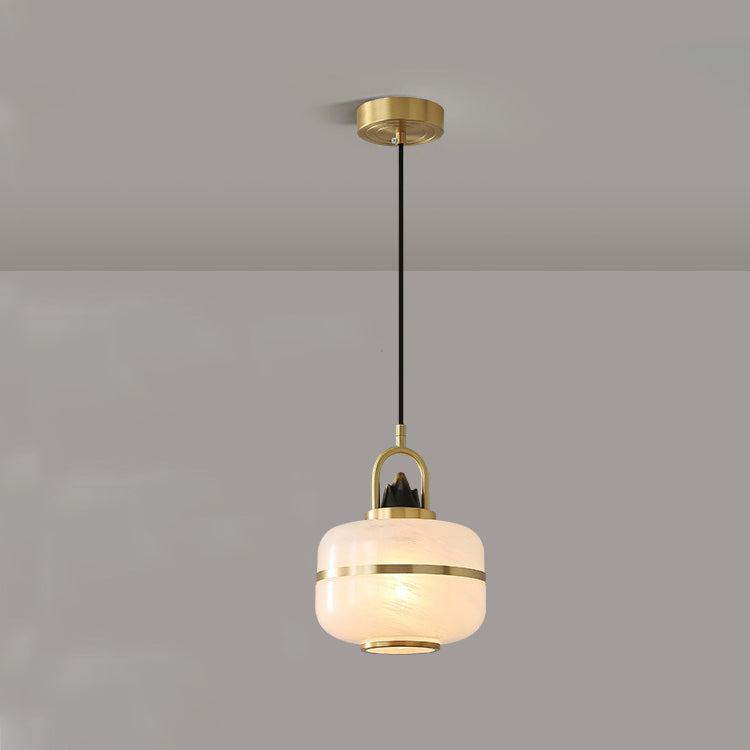 Traditional Chinese Cylinder Round Distressed Glass Brass 1-Light Pendant Light For Living Room