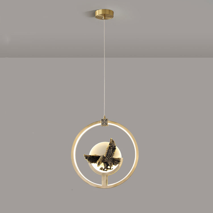 Traditional Chinese Round Eagle Orchid Bamboo Leaf Jade Brass LED Pendant Light For Living Room