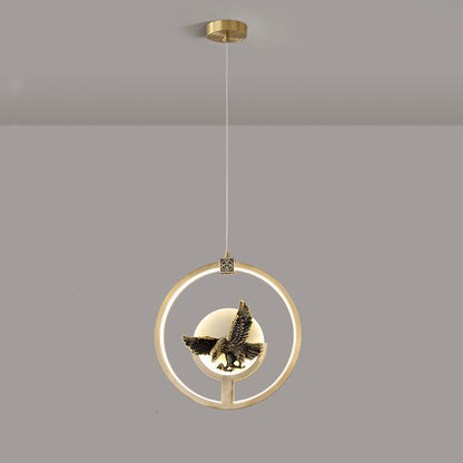 Traditional Chinese Round Eagle Orchid Bamboo Leaf Jade Brass LED Pendant Light For Living Room