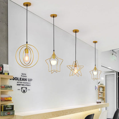 Contemporary Industrial Pentagram Round Hollowed Out Iron 1-Light Pendant Light For Living Room