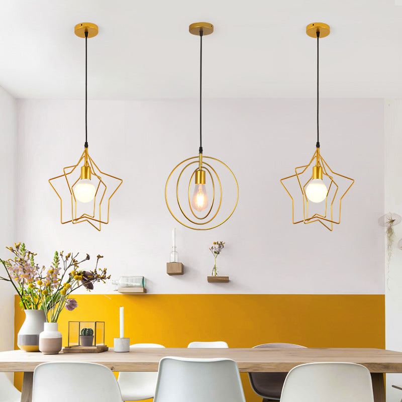Contemporary Industrial Pentagram Round Hollowed Out Iron 1-Light Pendant Light For Living Room