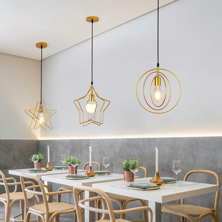 Contemporary Industrial Pentagram Round Hollowed Out Iron 1-Light Pendant Light For Living Room