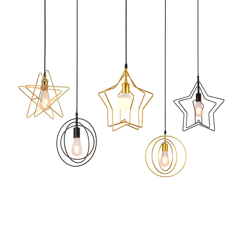 Contemporary Industrial Pentagram Round Hollowed Out Iron 1-Light Pendant Light For Living Room