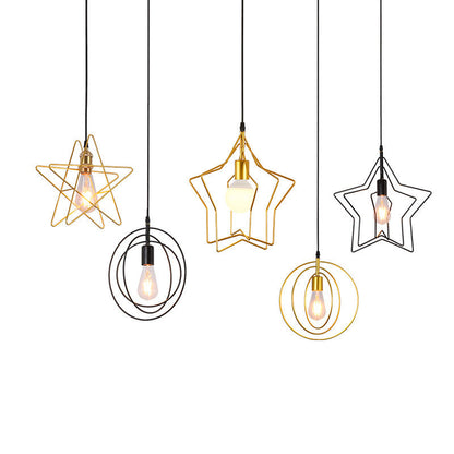 Contemporary Industrial Pentagram Round Hollowed Out Iron 1-Light Pendant Light For Living Room