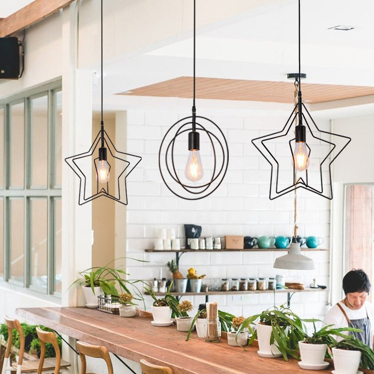 Contemporary Industrial Pentagram Round Hollowed Out Iron 1-Light Pendant Light For Living Room