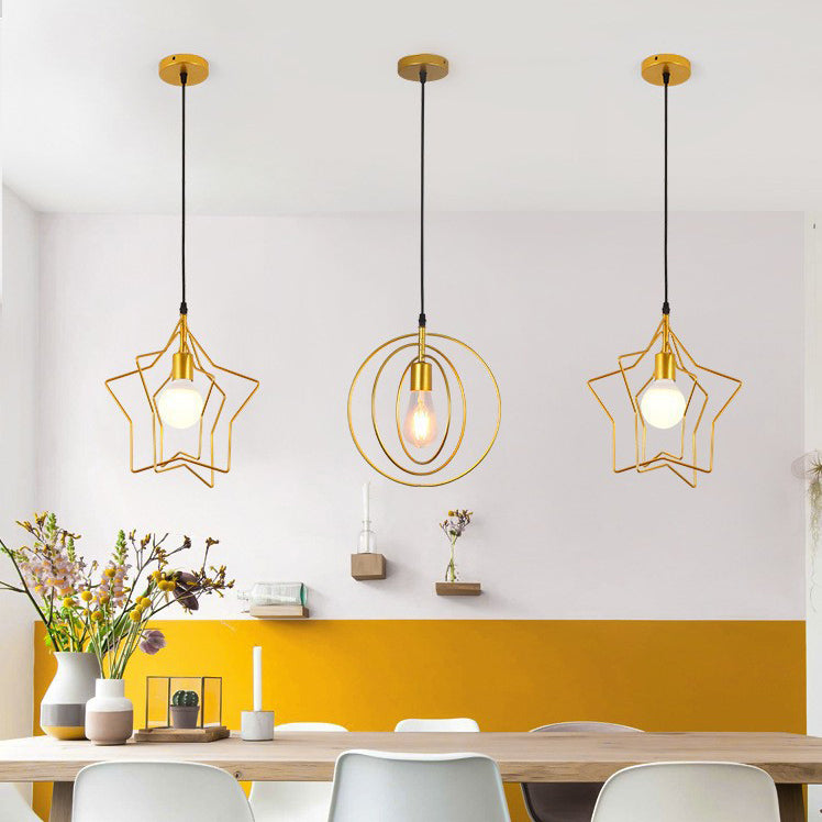 Contemporary Industrial Pentagram Round Hollowed Out Iron 1-Light Pendant Light For Living Room