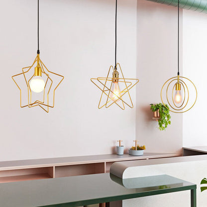Contemporary Industrial Pentagram Round Hollowed Out Iron 1-Light Pendant Light For Living Room