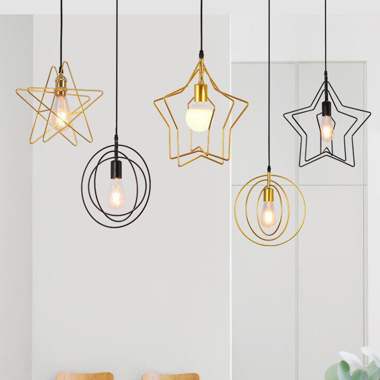 Contemporary Industrial Pentagram Round Hollowed Out Iron 1-Light Pendant Light For Living Room