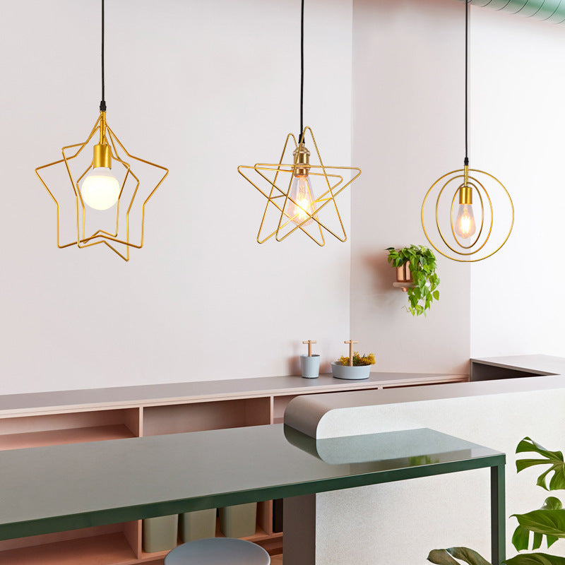 Contemporary Industrial Pentagram Round Hollowed Out Iron 1-Light Pendant Light For Living Room
