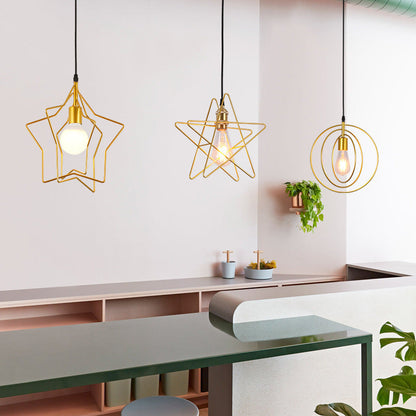 Contemporary Industrial Pentagram Round Hollowed Out Iron 1-Light Pendant Light For Living Room