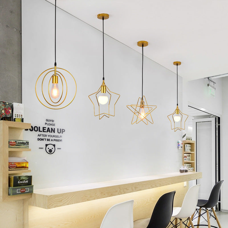 Contemporary Industrial Pentagram Round Hollowed Out Iron 1-Light Pendant Light For Living Room