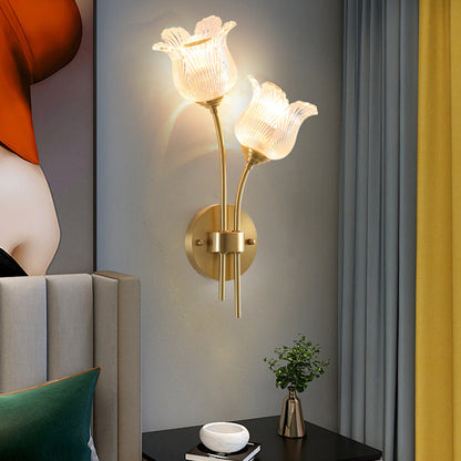 Traditional Vintage Floral Round Glass Copper 2-Light Wall Sconce Lamp For Living Room