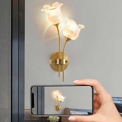 Traditional Vintage Floral Round Glass Copper 2-Light Wall Sconce Lamp For Living Room