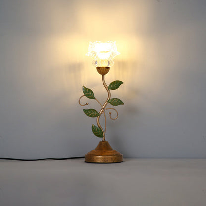 Traditional French Floral Leaf Round Glass Iron 1-Light Table Lamp For Bedroom
