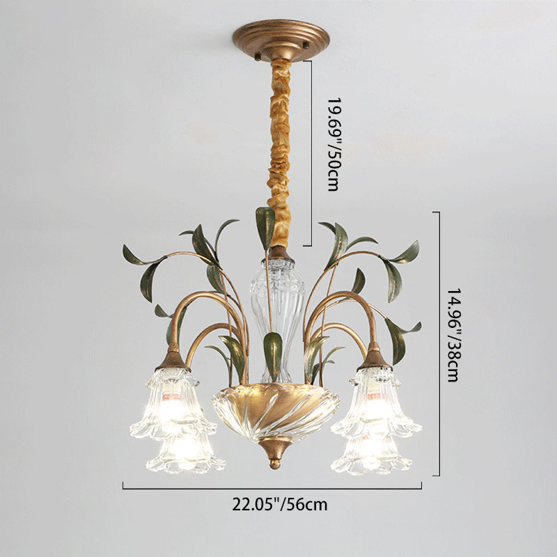 Traditional Vintage Floral Rustic Leaf Round Branch Glass Iron 4/6/8/10 Light Chandelier For Living Room