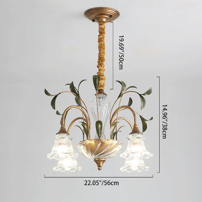 Traditional Vintage Floral Rustic Leaf Round Branch Glass Iron 4/6/8/10 Light Chandelier For Living Room