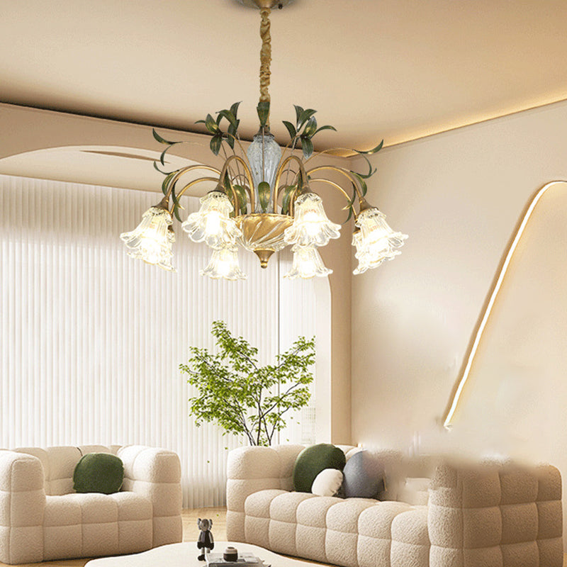 Traditional Vintage Floral Rustic Leaf Round Branch Glass Iron 4/6/8/10 Light Chandelier For Living Room