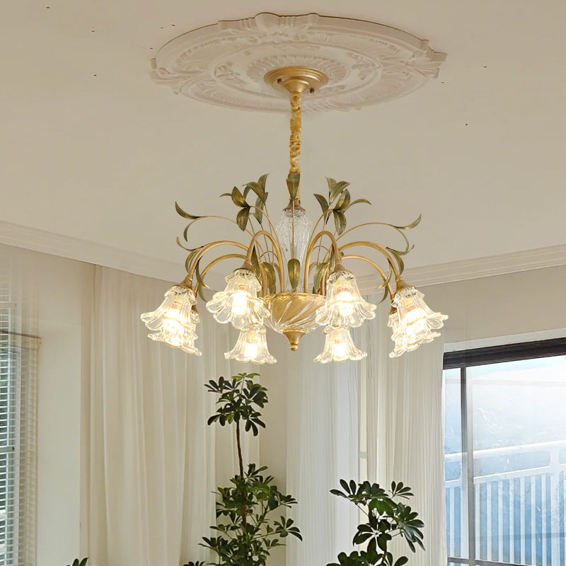 Traditional Vintage Floral Rustic Leaf Round Branch Glass Iron 4/6/8/10 Light Chandelier For Living Room