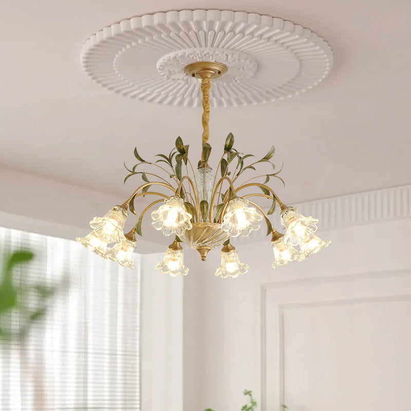 Traditional Vintage Floral Rustic Leaf Round Branch Glass Iron 4/6/8/10 Light Chandelier For Living Room
