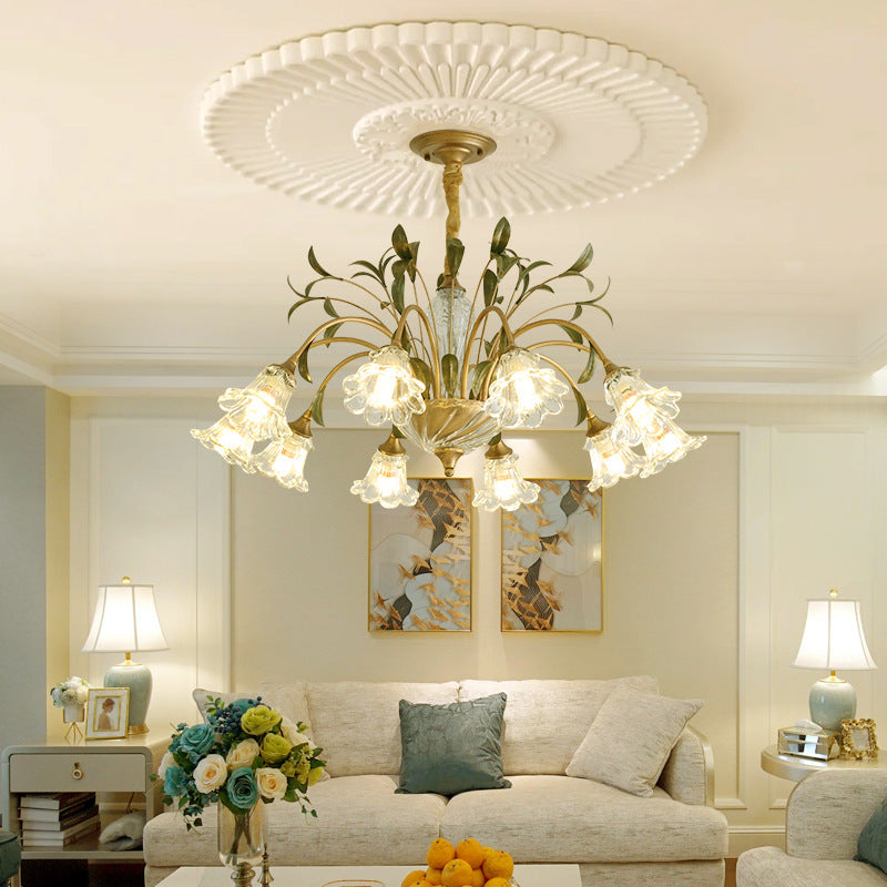 Traditional Vintage Floral Rustic Leaf Round Branch Glass Iron 4/6/8/10 Light Chandelier For Living Room