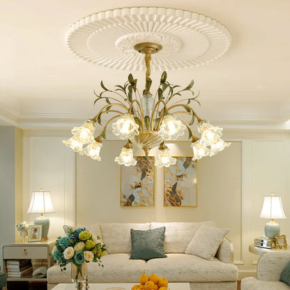 Traditional Vintage Floral Rustic Leaf Round Branch Glass Iron 4/6/8/10 Light Chandelier For Living Room