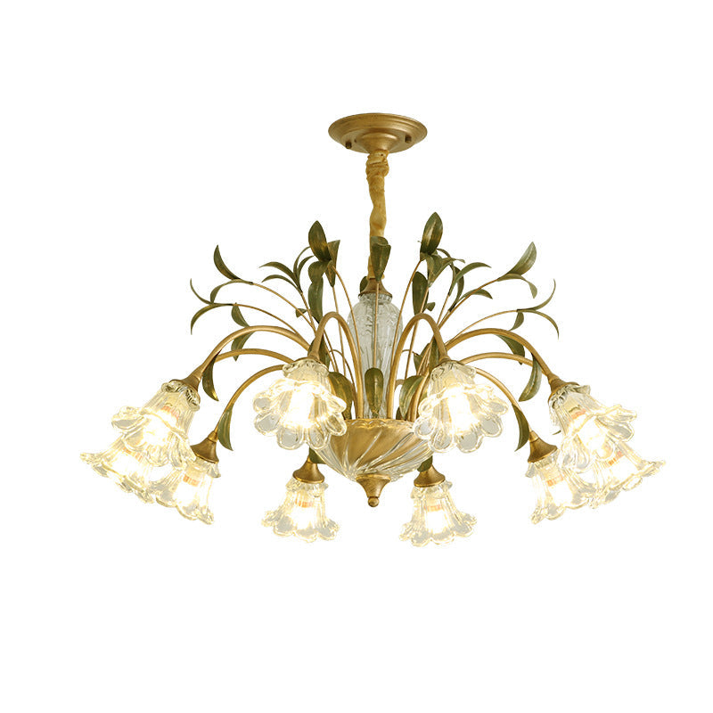 Traditional Vintage Floral Rustic Leaf Round Branch Glass Iron 4/6/8/10 Light Chandelier For Living Room