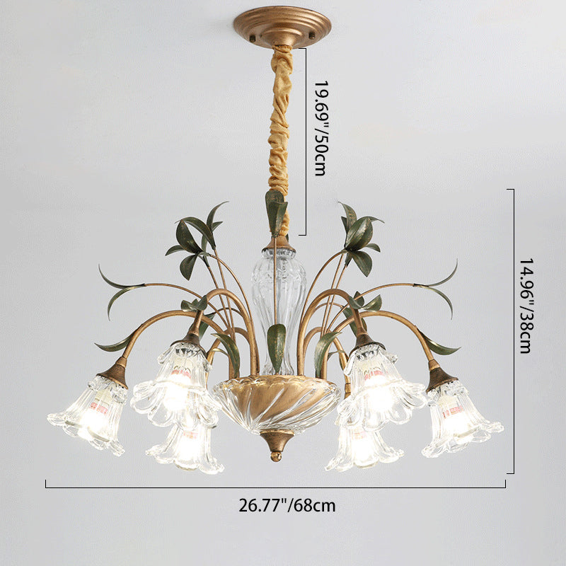 Traditional Vintage Floral Rustic Leaf Round Branch Glass Iron 4/6/8/10 Light Chandelier For Living Room