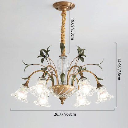 Traditional Vintage Floral Rustic Leaf Round Branch Glass Iron 4/6/8/10 Light Chandelier For Living Room