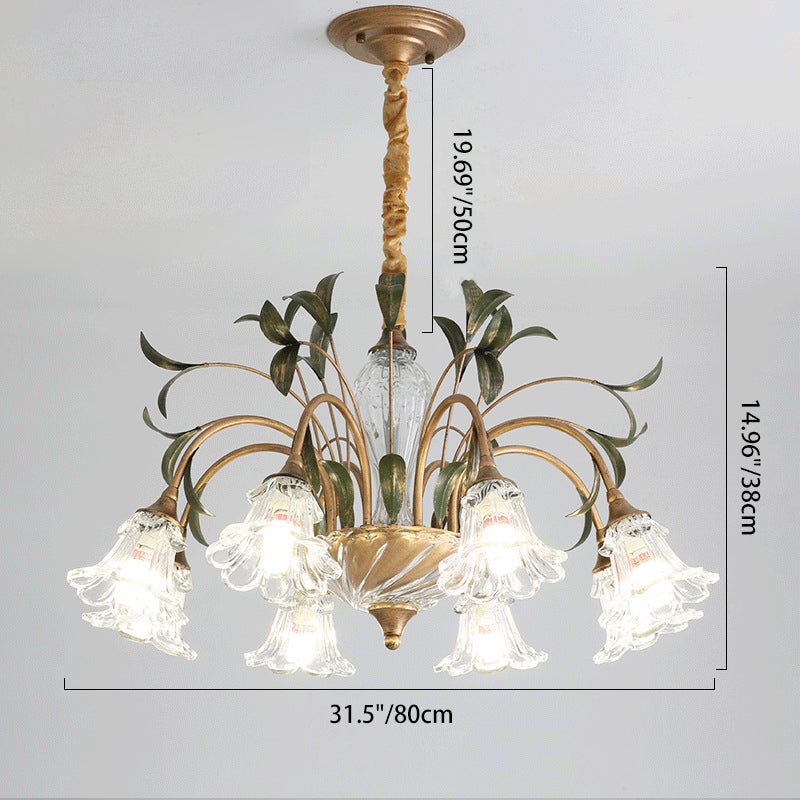 Traditional Vintage Floral Rustic Leaf Round Branch Glass Iron 4/6/8/10 Light Chandelier For Living Room