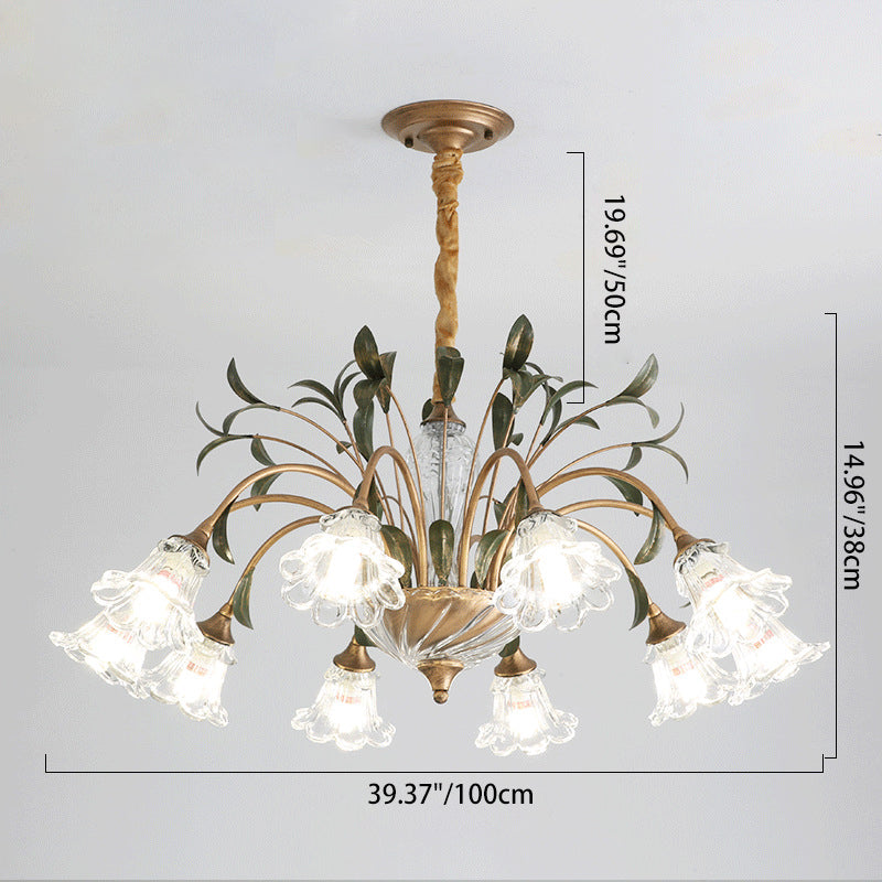 Traditional Vintage Floral Rustic Leaf Round Branch Glass Iron 4/6/8/10 Light Chandelier For Living Room