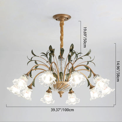 Traditional Vintage Floral Rustic Leaf Round Branch Glass Iron 4/6/8/10 Light Chandelier For Living Room