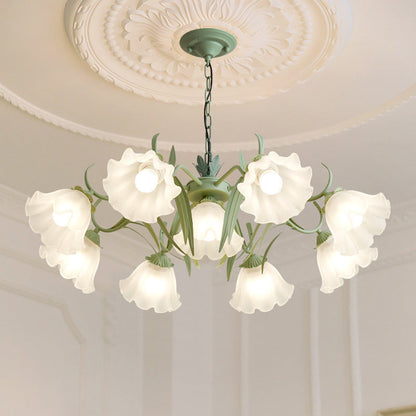 Traditional French Bellflower Branch Leaf Glass Iron 7/9 Light Chandelier For Living Room